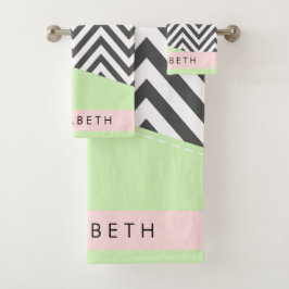 Gray Zigzag, grau Zickzack, Mint, Ihr Name Badhandtuch Set