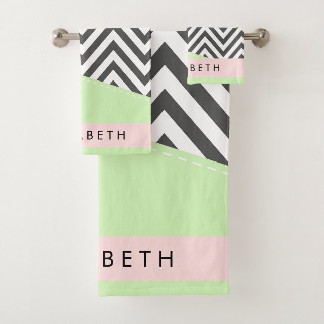Gray Zigzag, grau Zickzack, Mint, Ihr Name Badhandtuch Set (Insitu)