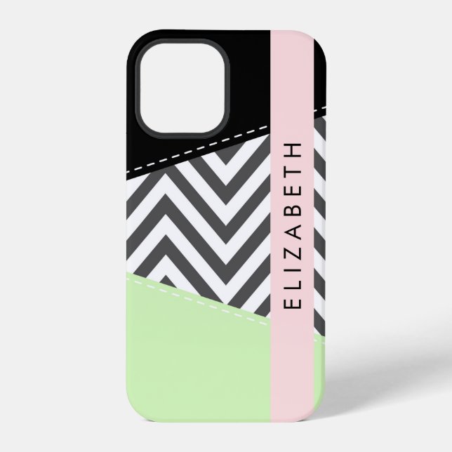Gray Zigzag, grau Zickzack, Mint, Ihr Name iPhone 12 Pro Hülle (Rückseite)