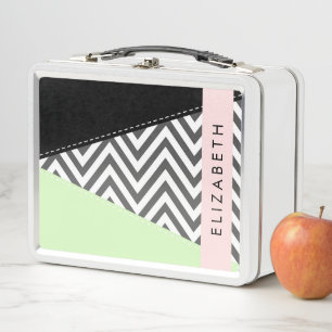 Gray Zigzag, grau Zickzack, Mint, Ihr Name Metall Brotdose