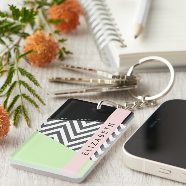 Gray Zigzag, grau Zickzack, Mint, Ihr Name Schlüsselanhänger (Vorderseite rechts)