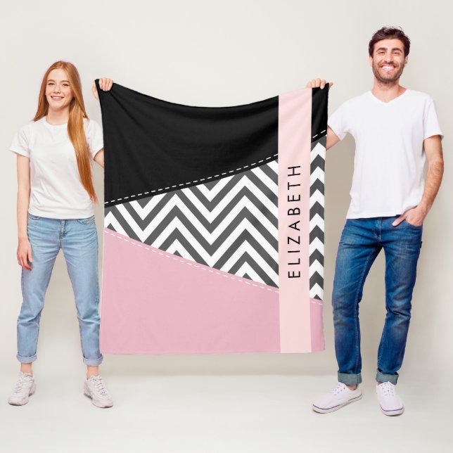 Gray Zigzag, grau Zickzack, rosa, Ihr Name Fleecedecke (Beispiel)