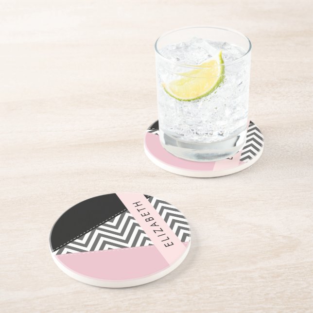 Gray Zigzag, grau Zickzack, rosa, Ihr Name Getränkeuntersetzer (Seite)