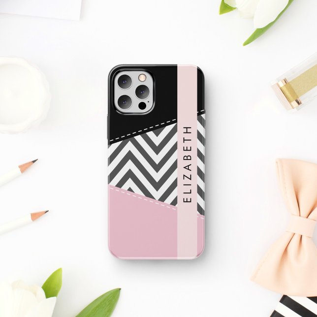 Gray Zigzag, grau Zickzack, rosa, Ihr Name iPhone 16 Hülle (Von Creator hochgeladen)