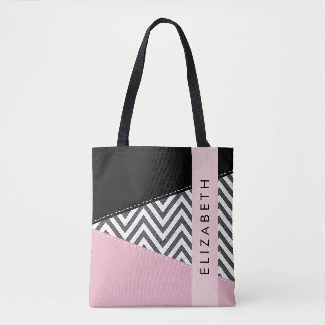 Gray Zigzag, grau Zickzack, rosa, Ihr Name Tasche (Vorderseite)