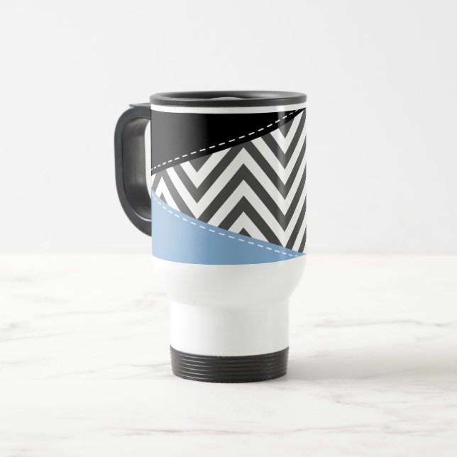 Gray Zigzag, grau Zickzack, Zigzag Muster, blau Reisebecher (Vorderseite Links)