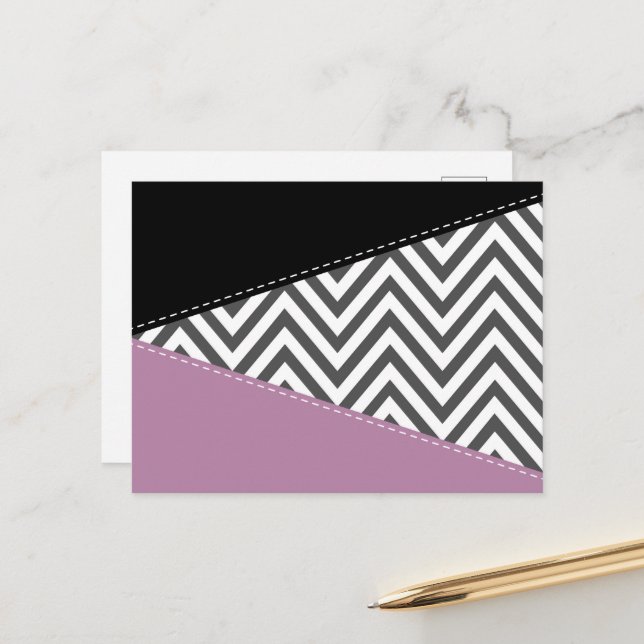 Gray Zigzag, grau Zickzack, Zigzag Muster, Lila Postkarte (Vorderseite/Rückseite Beispiel)