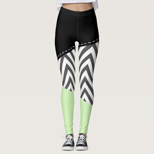 Gray Zigzag, grau Zickzack, Zigzag Muster, Minze Leggings (Vorderseite)