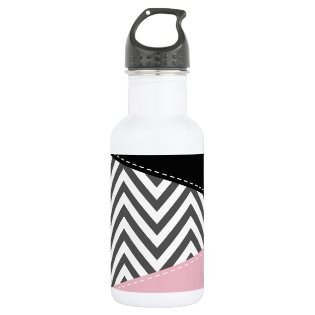 Gray Zigzag, Gray Chevron, Zigzag Pattern, Pink Edelstahlflasche (Vorderseite)
