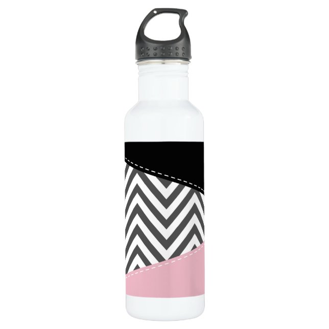 Gray Zigzag, Gray Chevron, Zigzag Pattern, Pink Edelstahlflasche (Vorderseite)