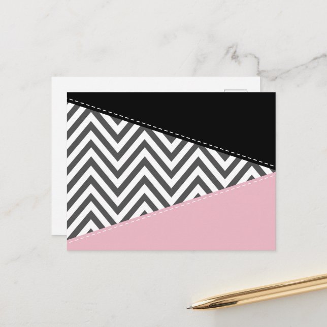 Gray Zigzag, Gray Chevron, Zigzag Pattern, Pink Postkarte (Vorderseite/Rückseite Beispiel)