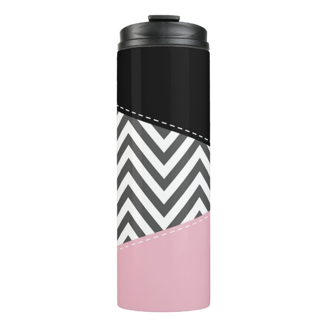 Gray Zigzag, Gray Chevron, Zigzag Pattern, Pink Thermosbecher (Vorderseite)