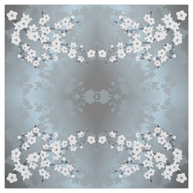 Grayisch Blau Weiße Blumenkirsche Muster Stoff (Muster)