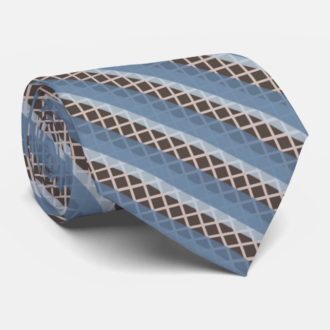 Grayish Blue Stripes On Creamy Tan Grid On Brown   Krawatte (Gerollt)