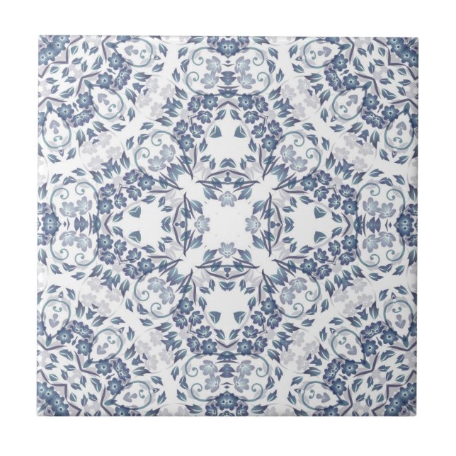 Grayish Blue White Floral Mandala Fliese (Vorderseite)