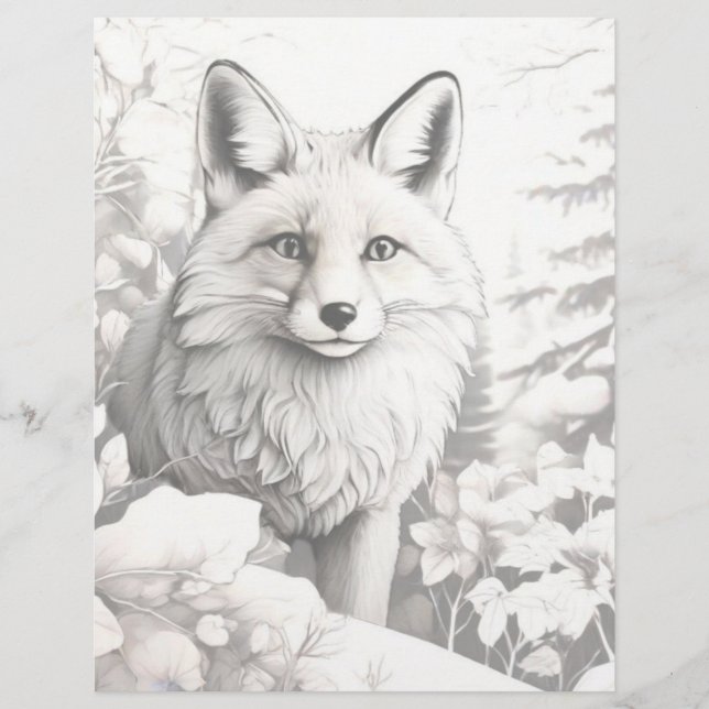 Grayscale Coloring Page - Winter Fox in Snow (Vorderseite)