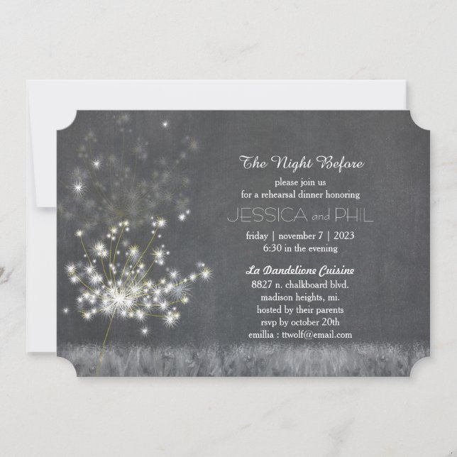 Grayscale Dandelion Wedding Probe Dinner Einladung (Vorderseite)