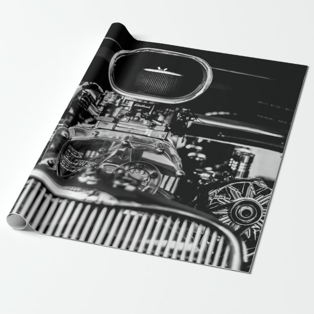 GRAYSCALE FOTOGRAFIE DES MOTORS VINTAGE CAR GESCHENKPAPIER (Ungerollt)