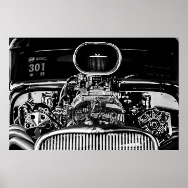 GRAYSCALE FOTOGRAFIE DES MOTORS VINTAGE CAR POSTER (Vorne)