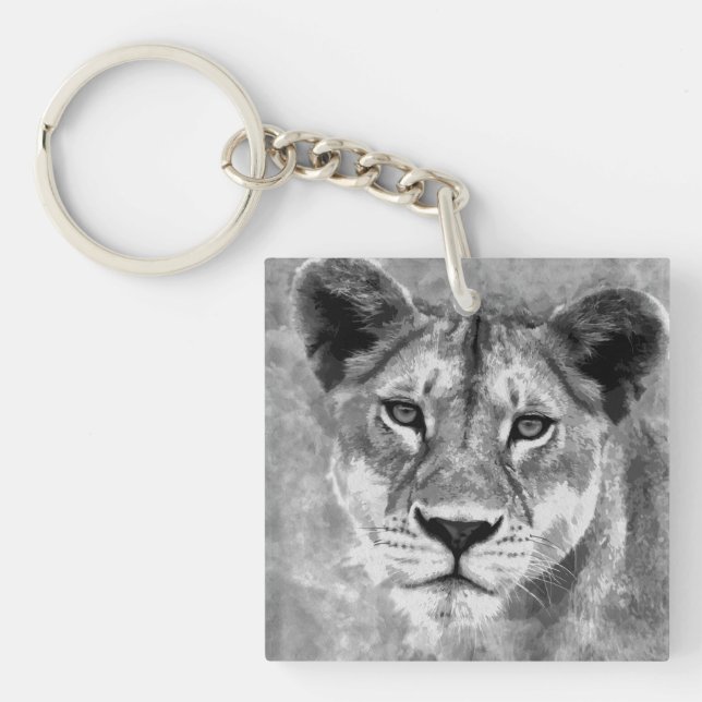 Grayscale-weibliche Löwe-Digital-Kunst Schlüsselanhänger (Vorderseite)