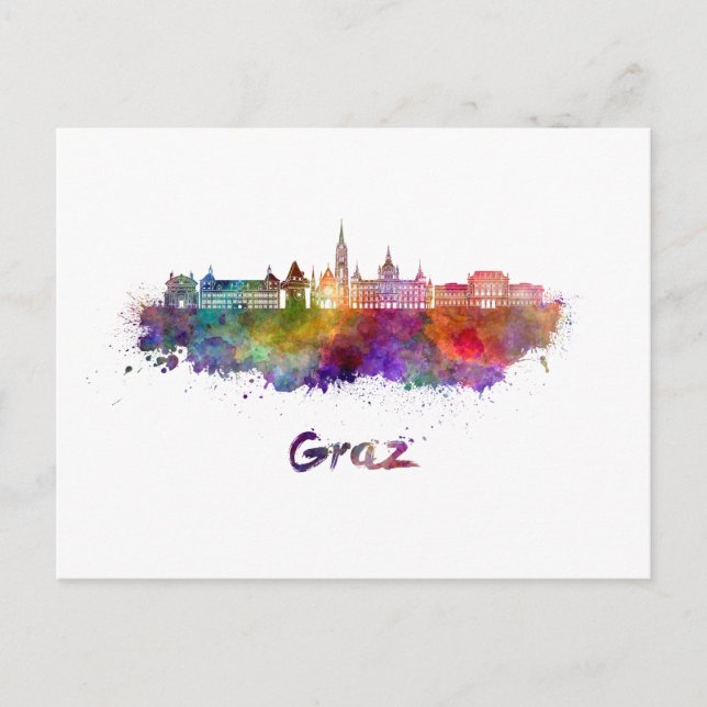 Grazer Skyline in Aquarellfarbe Postkarte (Vorderseite)