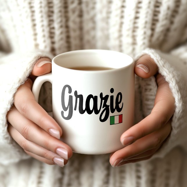 Grazie (Thank You) Italian Flag Mug (Woman's hands holding a white mug that says Grazie with an Italian flag. A lovely thank you gift!)