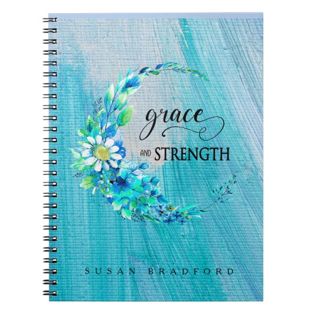Grazie und Stärke Inspirational Blue Floral Notizblock (Vorderseite)