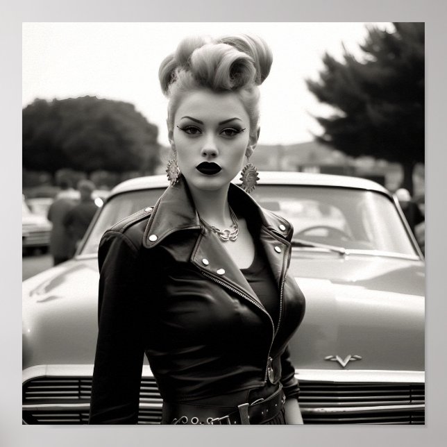 Greaser Punk Girl vor einem Jahrgangswagen Poster (Vorne)