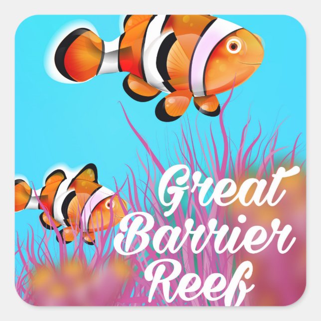 Great Barrier Riff Clowfish Cartoon Poster Quadratischer Aufkleber (Vorderseite)