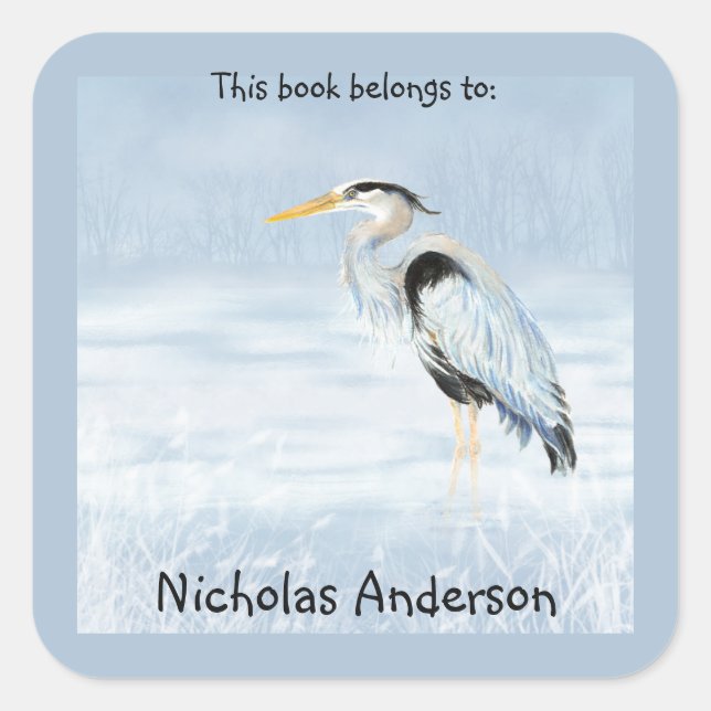 Great Blue Heron Bird Nature Art Buchzeichen Quadratischer Aufkleber (Vorderseite)