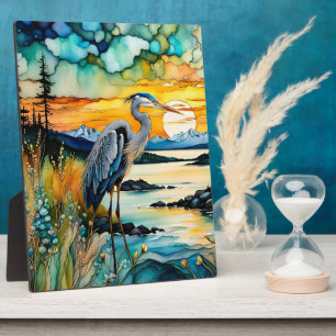 Great Blue Heron Mountain Sunrise Fotoplatte