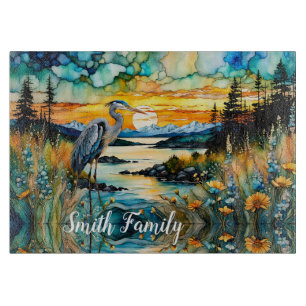 Great Blue Heron Sunset Wildblumen Landschaft Schneidebrett