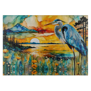 Great Blue Heron Sunset Wildblumen Landschaft Schneidebrett