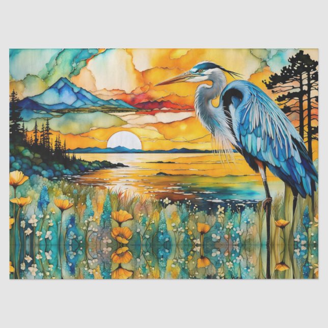 Great Blue Heron Sunset Wildblumen Landschaft Seidenpapier (Vorderseite)