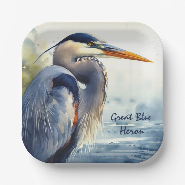 Great Blue Herone Watercolor Bird Art Feuchtgebiet Pappteller (Vorderseite)