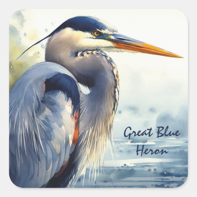 Great Blue Herone Watercolor Bird Art Feuchtgebiet Quadratischer Aufkleber (Vorderseite)
