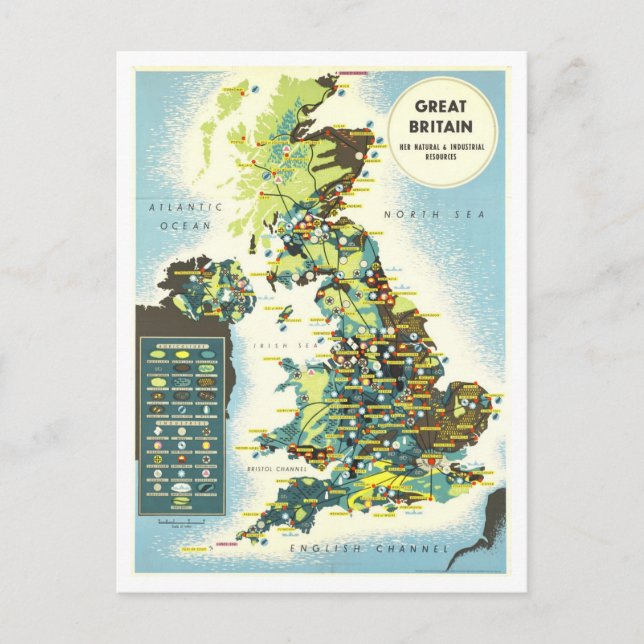 Great Britain Resources Map Vintag Postkarte (Vorderseite)