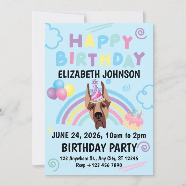 Great Dane Birthday Invitation in Blue Einladung (Vorderseite)