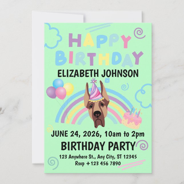 Great Dane Birthday Invitation in Green Einladung (Vorderseite)