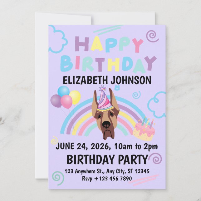 Great Dane Birthday Invitation in Purple Einladung (Vorderseite)