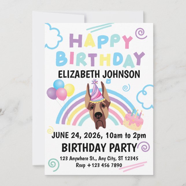 Great Dane Birthday Invitation in White (Devant)
