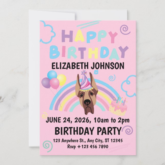 Great Dane Birthday Party Invitation Pink (Devant)
