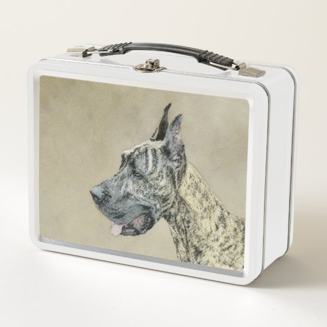 Great Dane (Brindle) Malerei - Original Hunde Art Metall Brotdose (Vorderseite)