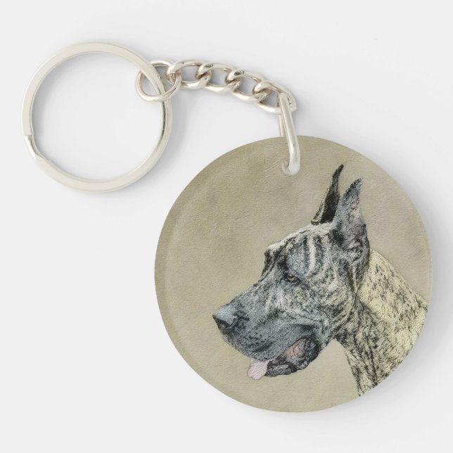 Great Dane (Brindle) Malerei - Original Hunde Art Schlüsselanhänger (Vorderseite)