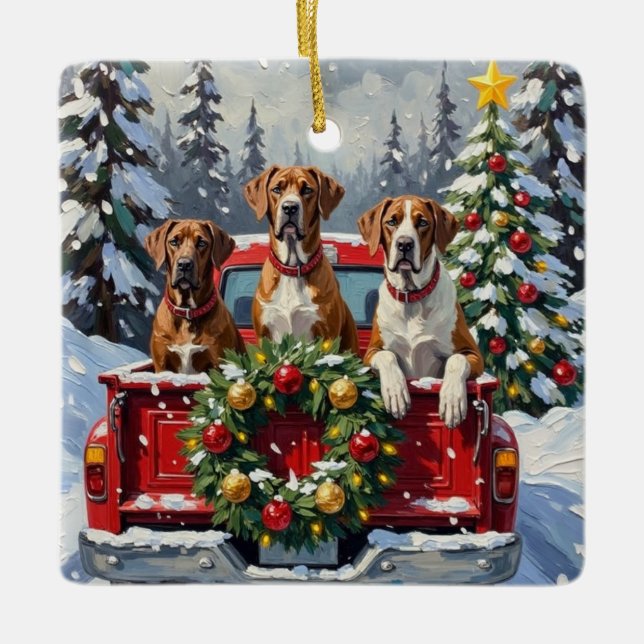 Great Dane Christmas Red Truck Holiday Keramikornament (Vorderseite)