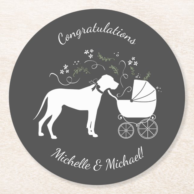 Great Dane Dog Baby Dusche Welpe Grau Runder Pappuntersetzer (Vorderseite)