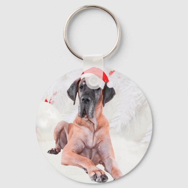 Great Dane Dog Hat frohe Weihnachten Schlüsselanhänger (Vorderseite)