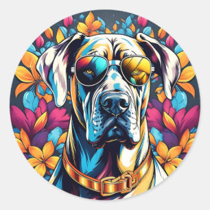 Great Dane Dog Portrait mit Sonnenbrille Runder Aufkleber
