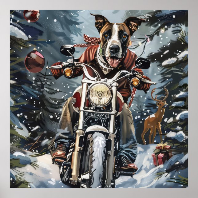Great Dane Dog Riding Motorrad Weihnachten Poster (Vorne)