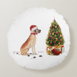 Great Dane Funny Christmas Dog mit Baum Rundes Kissen